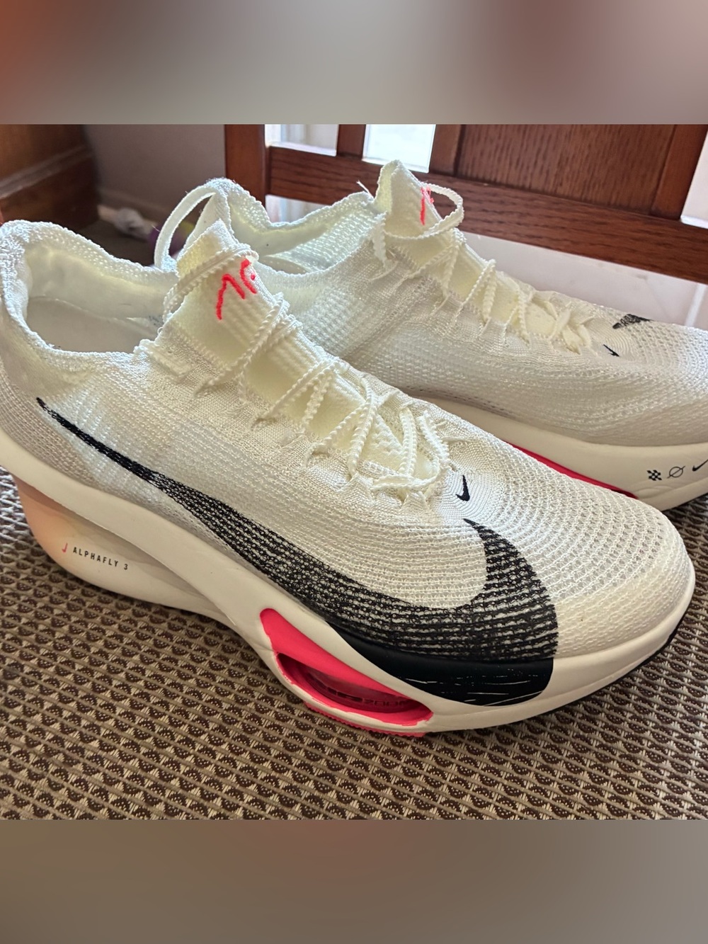 Nike Alphafly3 White Cream Flyknit Racing Shoes with Black Swoosh
